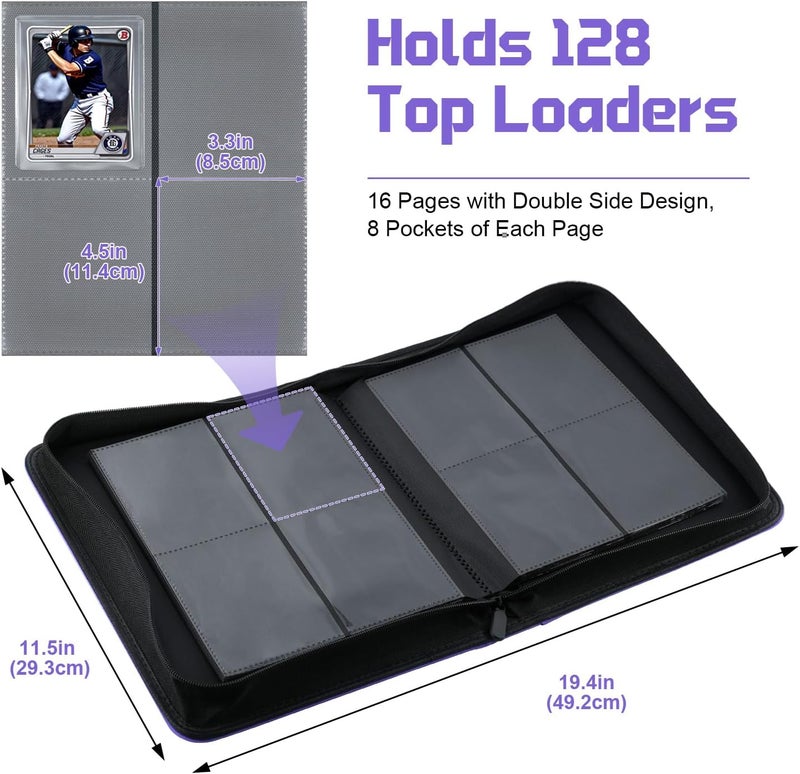 WITHYU Top Loader Binder 4 Pocket, PU Leather Card Binder Top Loader with 128 Pockets, Ringless Card Holder Trading Card Binder Toploader Album for TCG MTG Sports (Purple) - Image 2